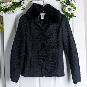 Black Quilted Coat Faux Fur Collar Detachable Button Up